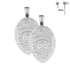 Pendientes con insignia de policía de plata de ley de 34 mm (chapados en oro blanco o amarillo)