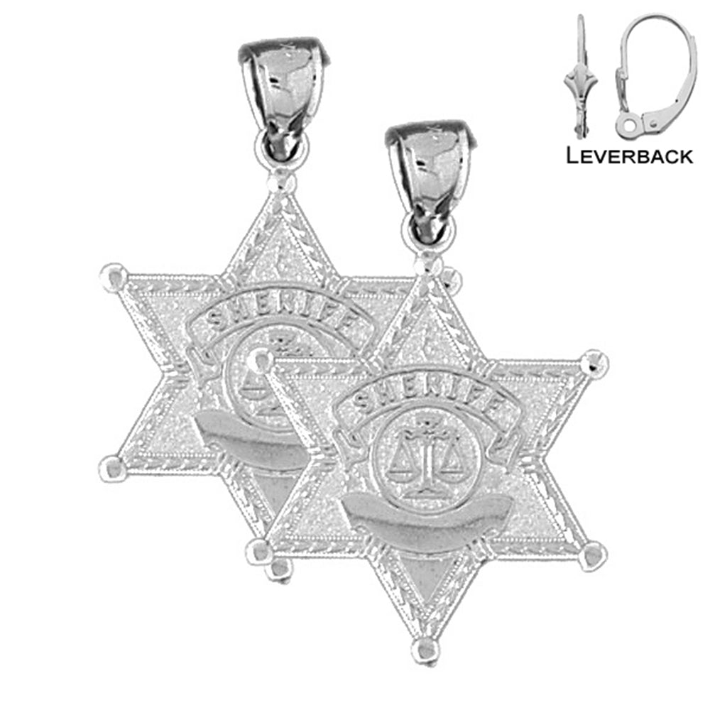 Sterling Silver 34mm Sheriff Badge Earrings (White or Yellow Gold Plated)