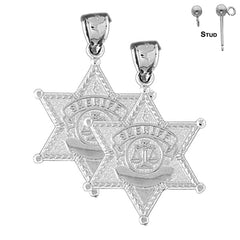 Pendientes con insignia de sheriff de plata de ley de 34 mm (chapados en oro blanco o amarillo)