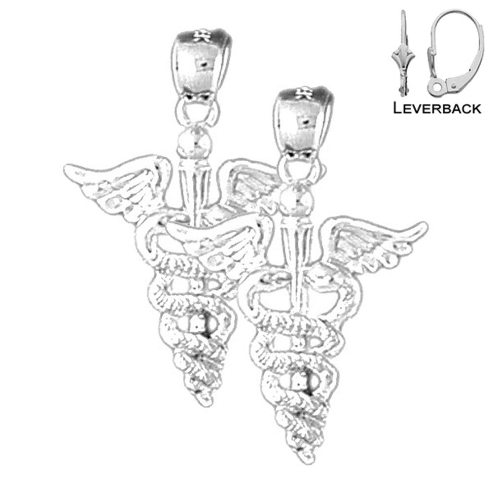 Sterling Silver 26mm Caduceus Earrings (White or Yellow Gold Plated)