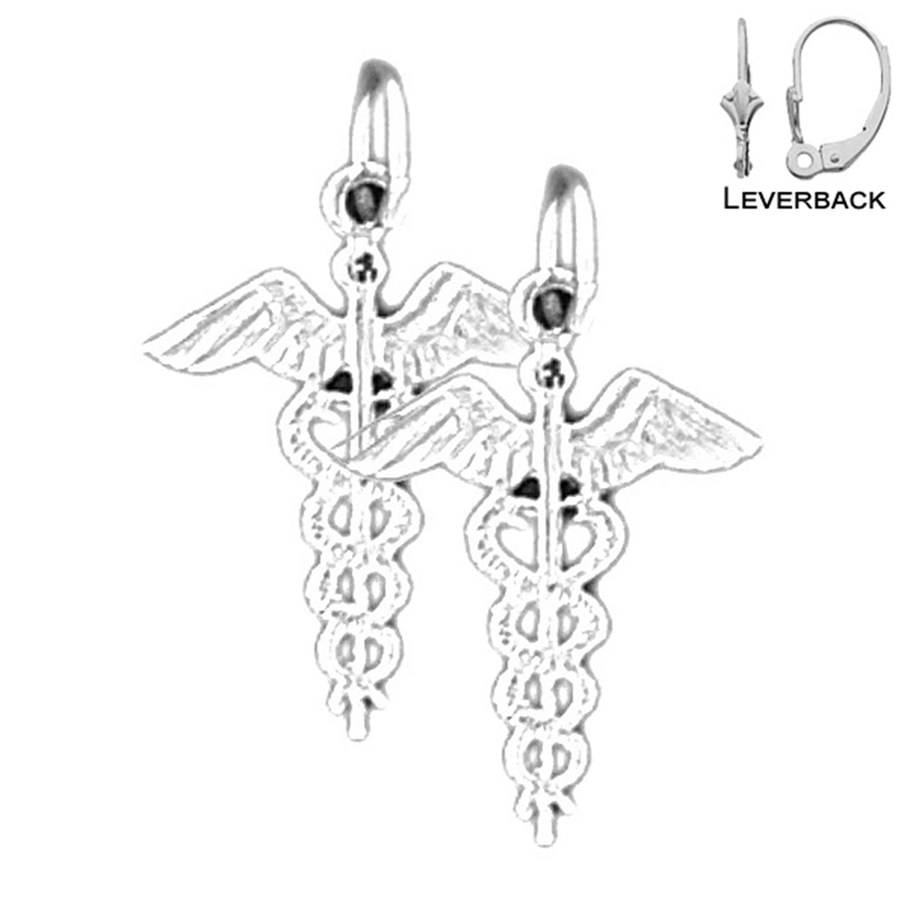 Sterling Silver 22mm Caduceus Earrings (White or Yellow Gold Plated)