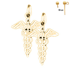 Sterling Silver 22mm Caduceus Earrings (White or Yellow Gold Plated)