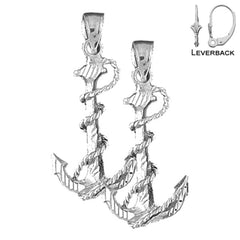 Sterling Silver 32mm Anchor With Rope 3D Earrings (White or Yellow Gold Plated)