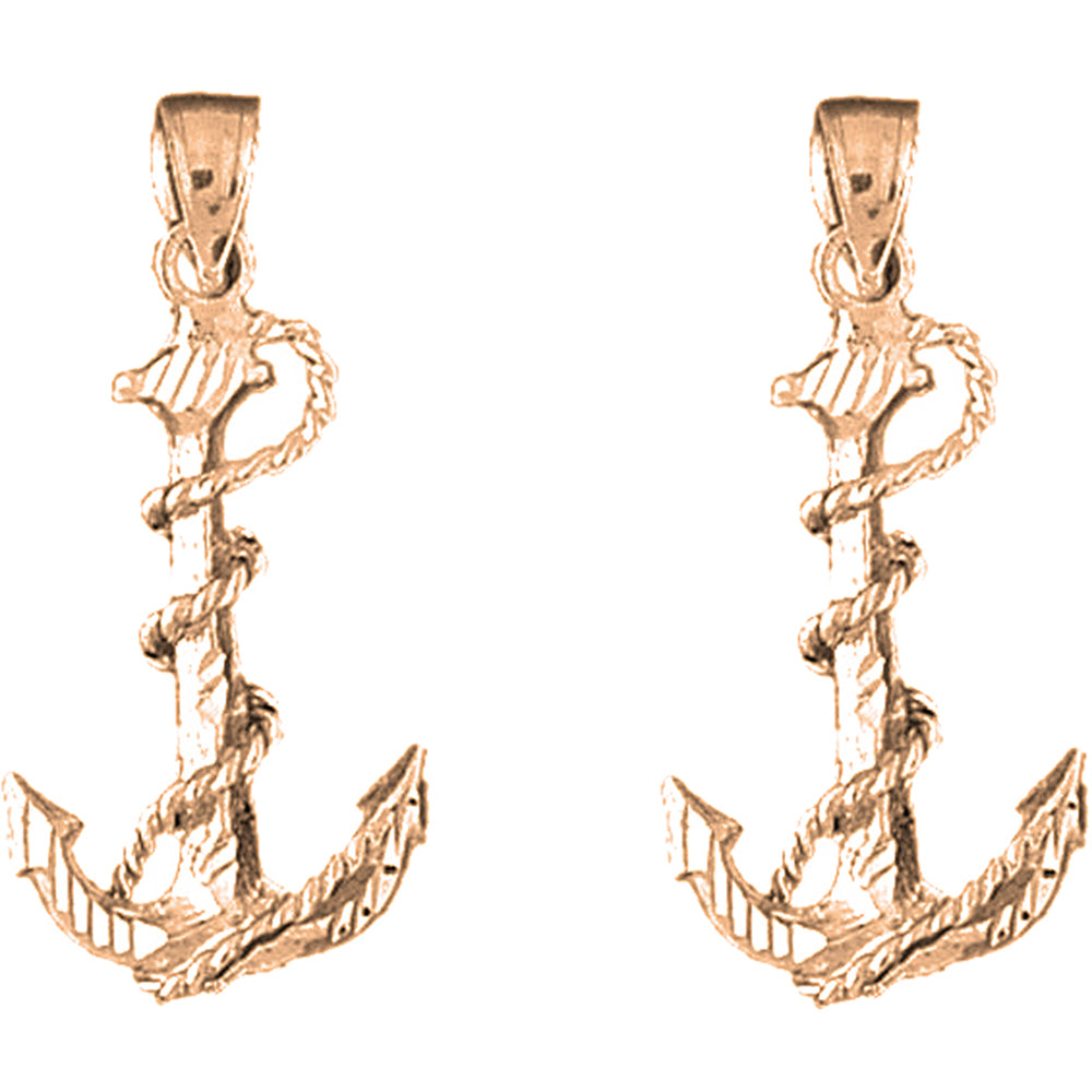 14K or 18K Gold 32mm Anchor With Rope 3D Earrings