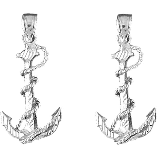 Sterling Silver 32mm Anchor With Rope 3D Earrings