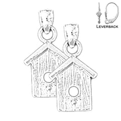 Sterling Silver 19mm Bird House Earrings (White or Yellow Gold Plated)