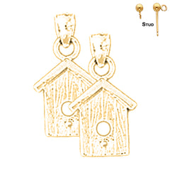 Sterling Silver 19mm Bird House Earrings (White or Yellow Gold Plated)