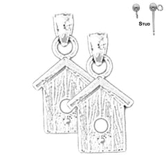 Sterling Silver 19mm Bird House Earrings (White or Yellow Gold Plated)
