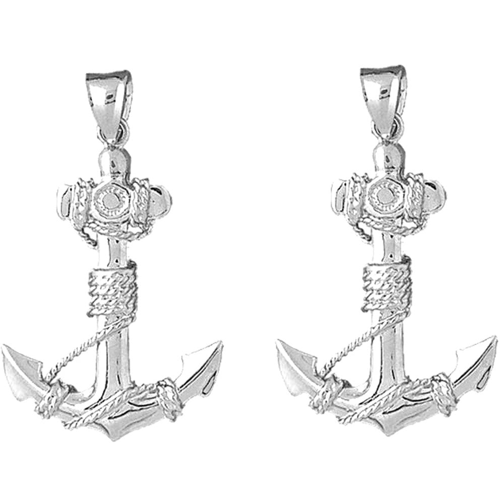 Sterling Silver 41mm Anchor With Rope 3D Earrings