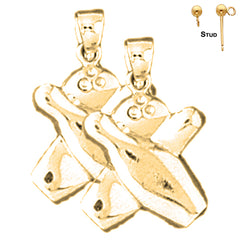 Sterling Silver 21mm Bowling Pin And Ball Earrings (White or Yellow Gold Plated)