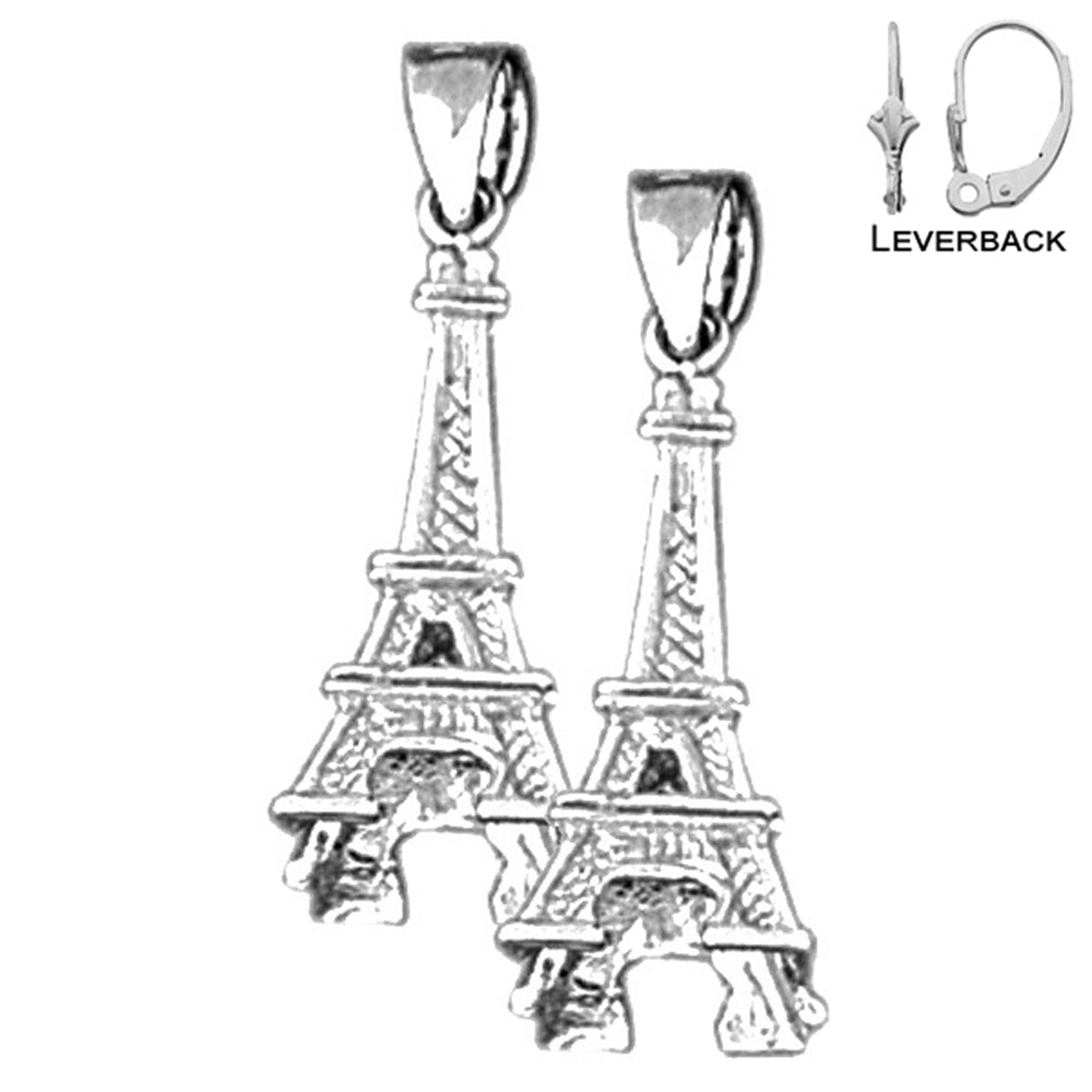 Sterling Silver 26mm Eiffel Tower Earrings (White or Yellow Gold Plated)