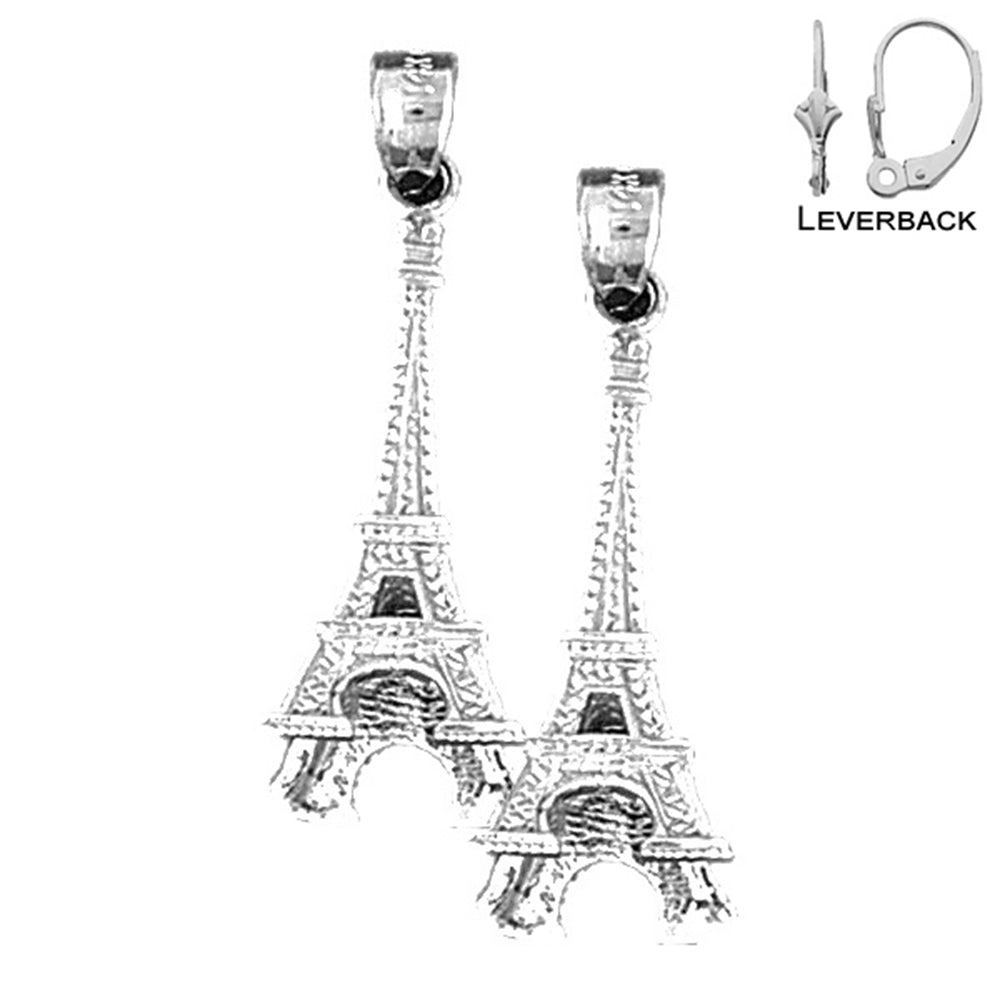 Sterling Silver 33mm Eiffel Tower Earrings (White or Yellow Gold Plated)