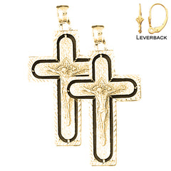 Sterling Silver 49mm Latin Crucifix Earrings (White or Yellow Gold Plated)