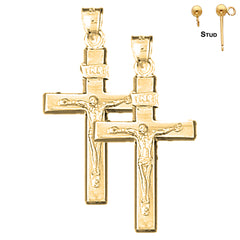 Sterling Silver 36mm INRI Crucifix Earrings (White or Yellow Gold Plated)