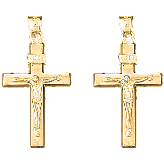 Yellow Gold-plated Silver 36mm INRI Crucifix Earrings