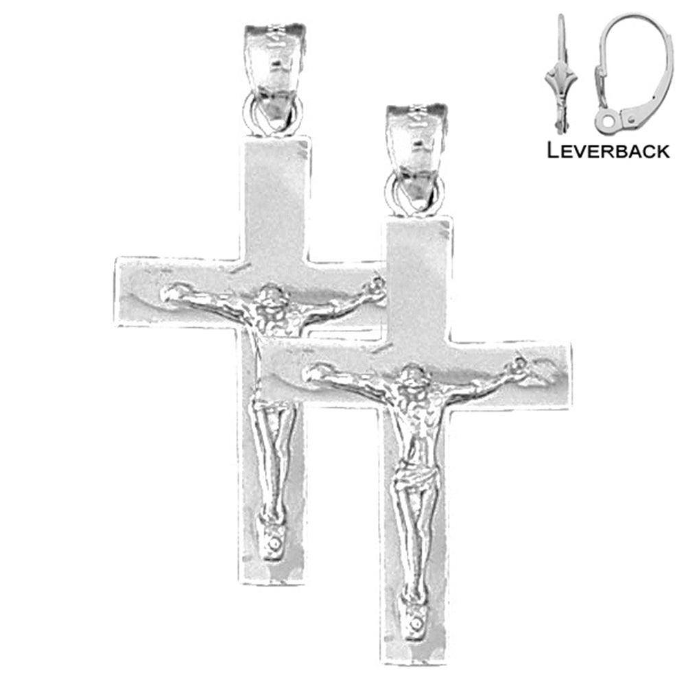 Sterling Silver 34mm Latin Crucifix Earrings (White or Yellow Gold Plated)