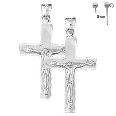 Pendientes de crucifijo latino de plata de ley de 34 mm (chapados en oro blanco o amarillo)