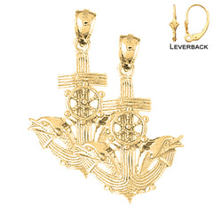 Sterling Silver 36mm Anchor With Dolphins And Moveable Ship Wheel Earrings (White or Yellow Gold Plated)