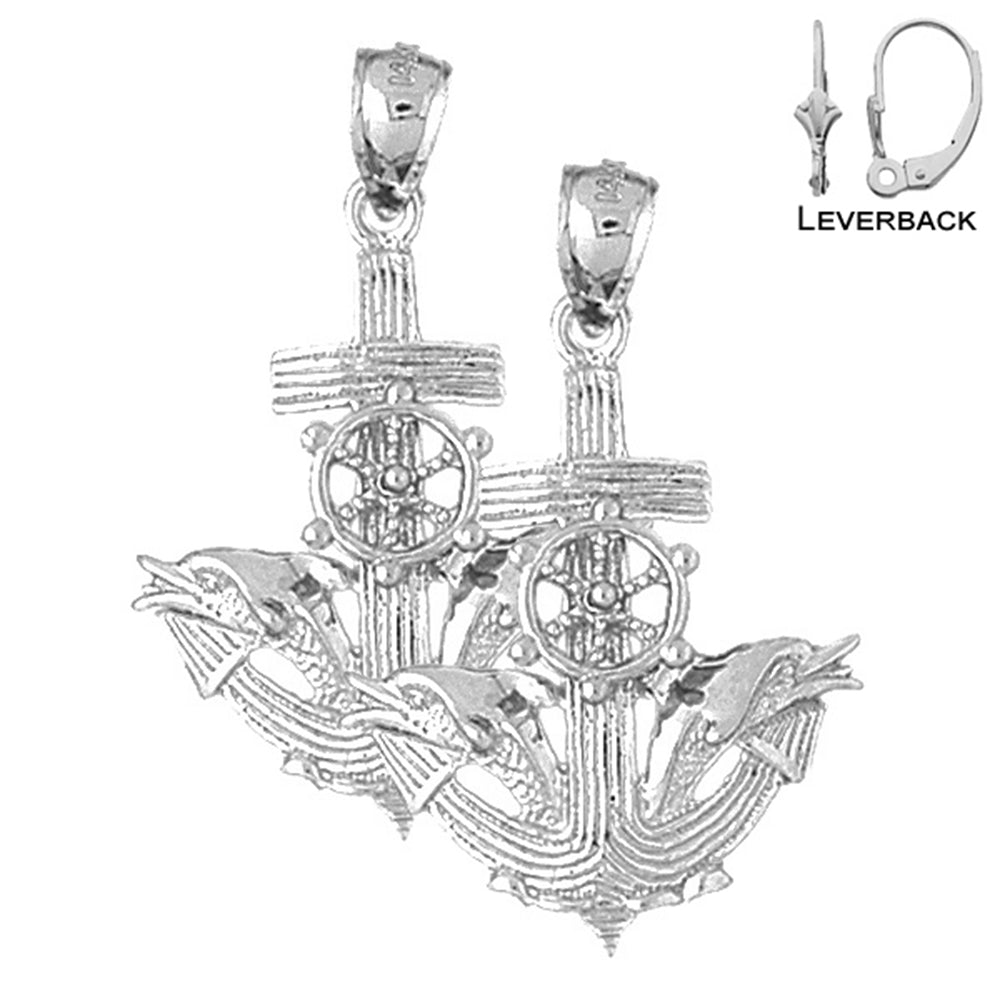 Sterling Silver 36mm Anchor With Dolphins And Moveable Ship Wheel Earrings (White or Yellow Gold Plated)