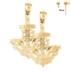 Sterling Silver 36mm Anchor With Dolphins And Moveable Ship Wheel Earrings (White or Yellow Gold Plated)