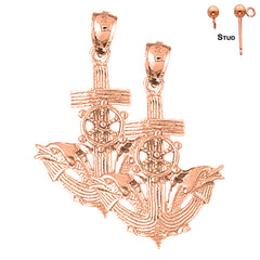 14K Yellow Gold 36mm Anchor, Dolphins And Ship Wheel EarringsAnchor, Dolphins And Ship Wheel Earrings