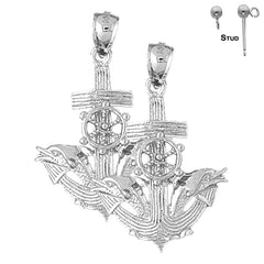 Sterling Silver 36mm Anchor With Dolphins And Moveable Ship Wheel Earrings (White or Yellow Gold Plated)