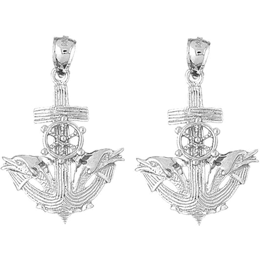 Sterling Silver 36mm Anchor With Dolphins And Moveable Ship Wheel Earrings