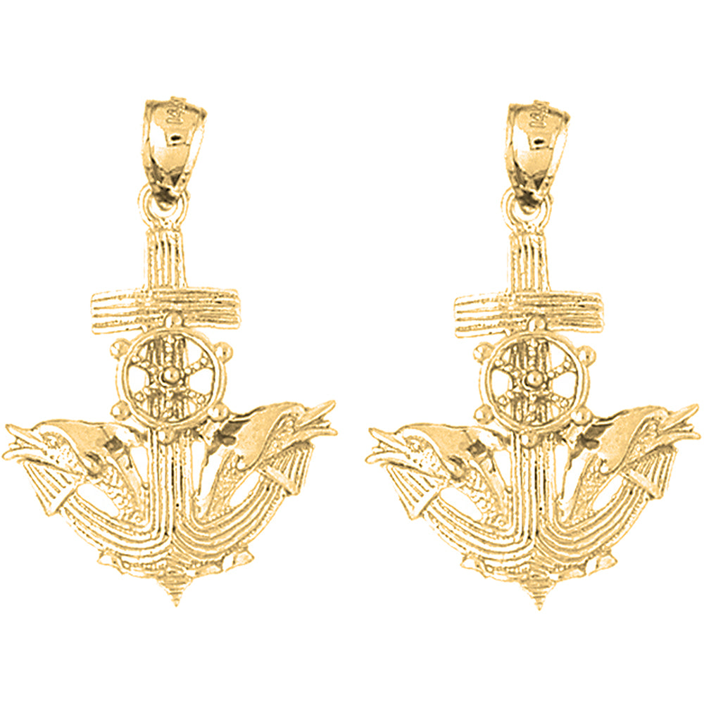 14K Yellow Gold 36mm Anchor, Dolphins And Ship Wheel Earrings