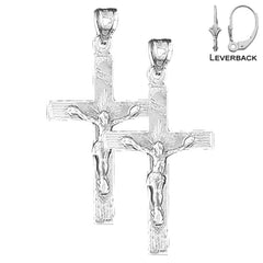 Sterling Silver 46mm INRI Crucifix Earrings (White or Yellow Gold Plated)