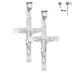 Sterling Silver 46mm INRI Crucifix Earrings (White or Yellow Gold Plated)