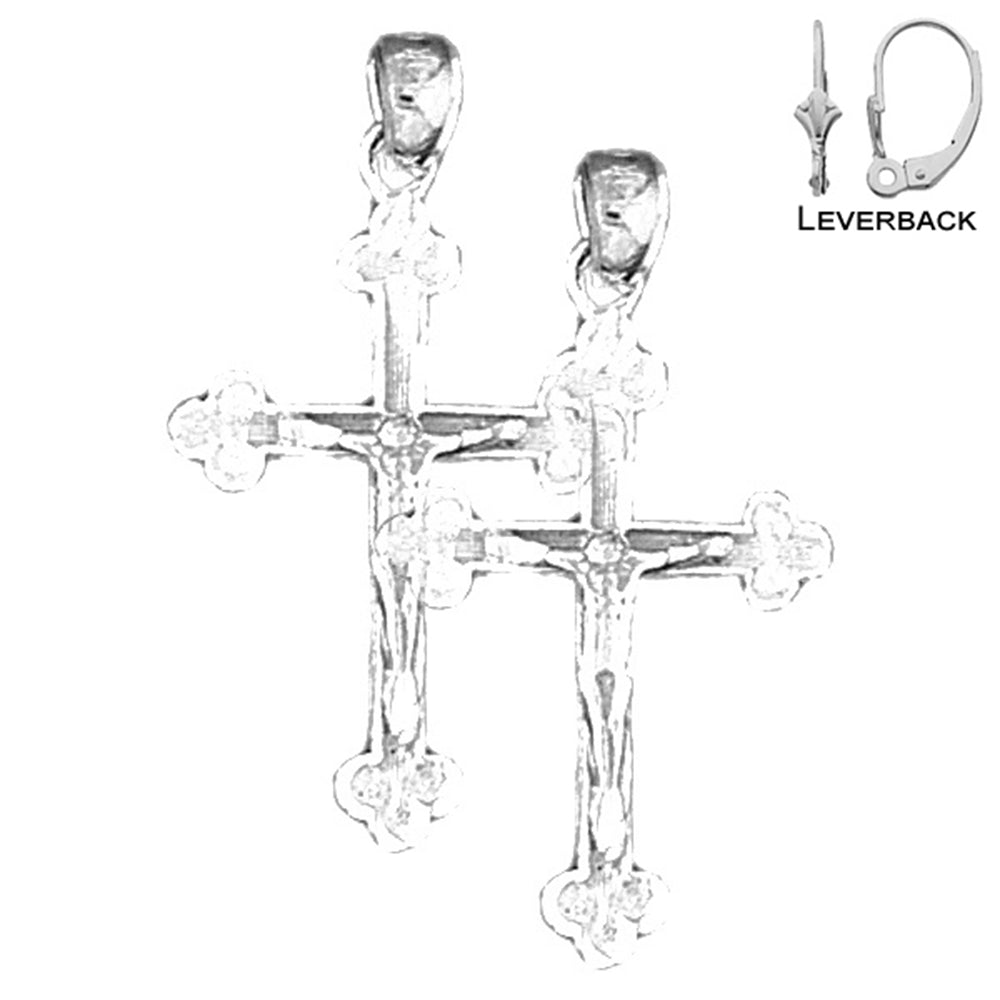 Sterling Silver 31mm Bottonnee Crucifix Earrings (White or Yellow Gold Plated)