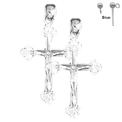 Sterling Silver 31mm Bottonnee Crucifix Earrings (White or Yellow Gold Plated)