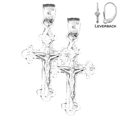 Sterling Silver 27mm Fleur de Lis Crucifix Earrings (White or Yellow Gold Plated)