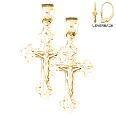 Sterling Silver 27mm Fleur de Lis Crucifix Earrings (White or Yellow Gold Plated)