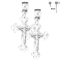 Sterling Silver 27mm Fleur de Lis Crucifix Earrings (White or Yellow Gold Plated)