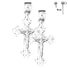 Pendientes de crucifijo de flor de lis de plata de ley de 27 mm (chapados en oro blanco o amarillo)