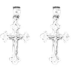 Sterling Silver 27mm Fleur de Lis Crucifix Earrings