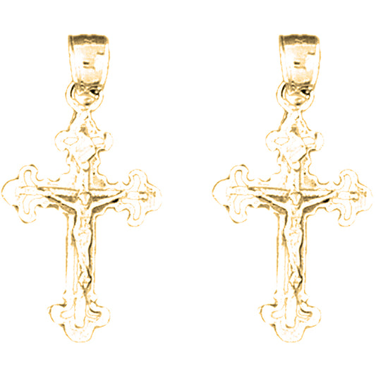Yellow Gold-plated Silver 27mm Fleur de Lis Crucifix Earrings