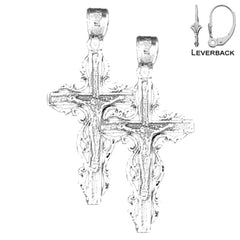 Sterling Silver 33mm Latin Crucifix Earrings (White or Yellow Gold Plated)