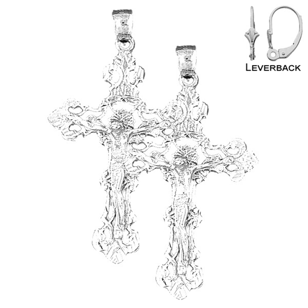Sterling Silver 55mm INRI Crucifix Earrings (White or Yellow Gold Plated)