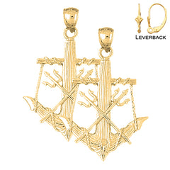 Sterling Silver 46mm Anchor With Poseidon's Trident 3D Earrings (White or Yellow Gold Plated)
