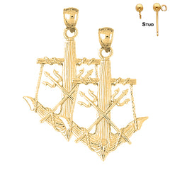 Sterling Silver 46mm Anchor With Poseidon's Trident 3D Earrings (White or Yellow Gold Plated)