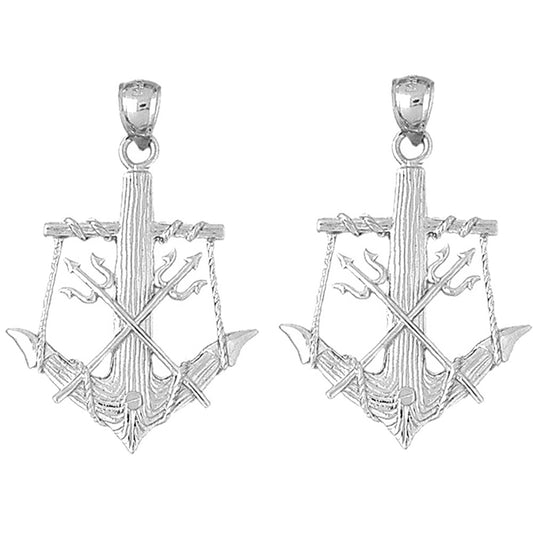 Sterling Silver 46mm Anchor With Poseidon's Trident 3D Earrings