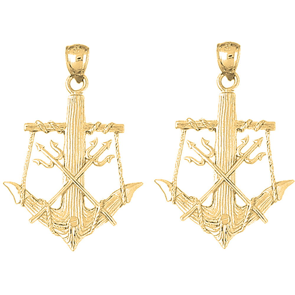 Yellow Gold-plated Silver 46mm Anchor With Poseidon's Trident 3D Earrings