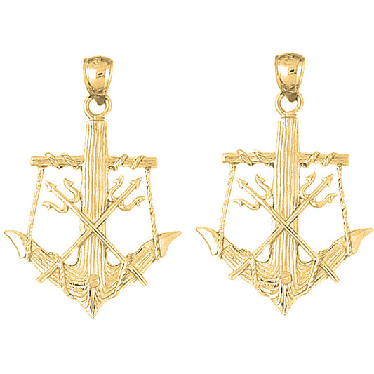 Yellow Gold-plated Silver 46mm Anchor With Poseidon's Trident 3D Earrings