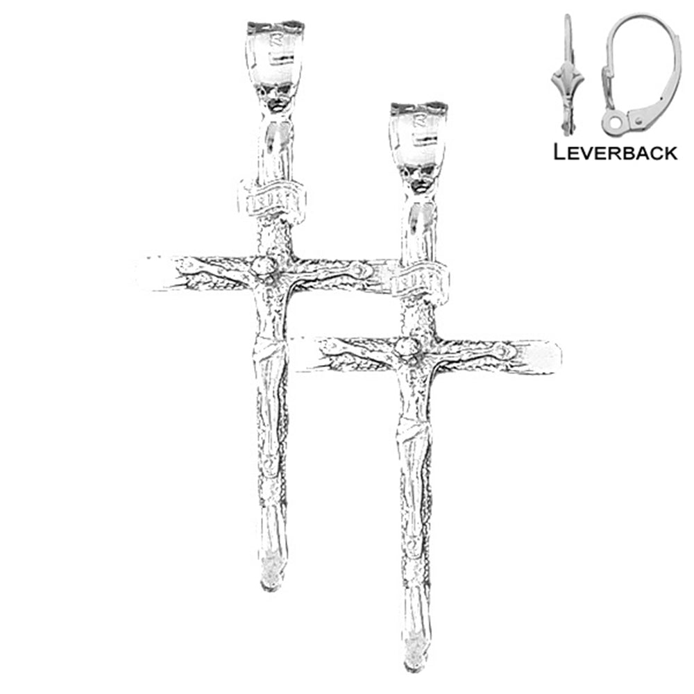 Sterling Silver 53mm INRI Crucifix Earrings (White or Yellow Gold Plated)