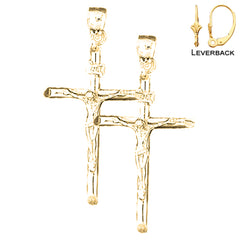 Sterling Silver 49mm INRI Crucifix Earrings (White or Yellow Gold Plated)