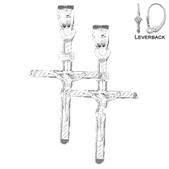 Sterling Silver 37mm INRI Crucifix Earrings (White or Yellow Gold Plated)