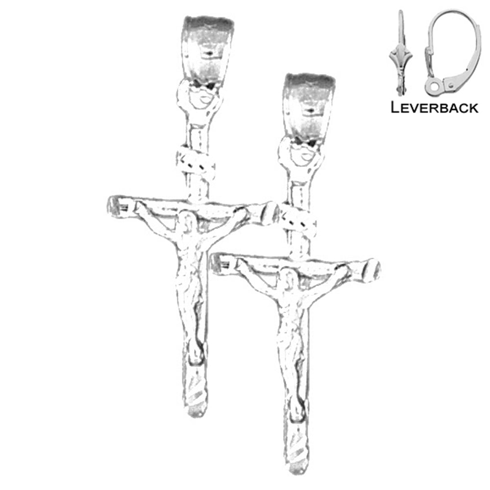 Sterling Silver 29mm INRI Crucifix Earrings (White or Yellow Gold Plated)