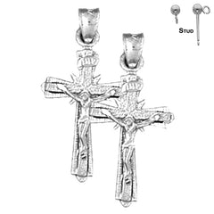 Sterling Silver 26mm INRI Crucifix Earrings (White or Yellow Gold Plated)